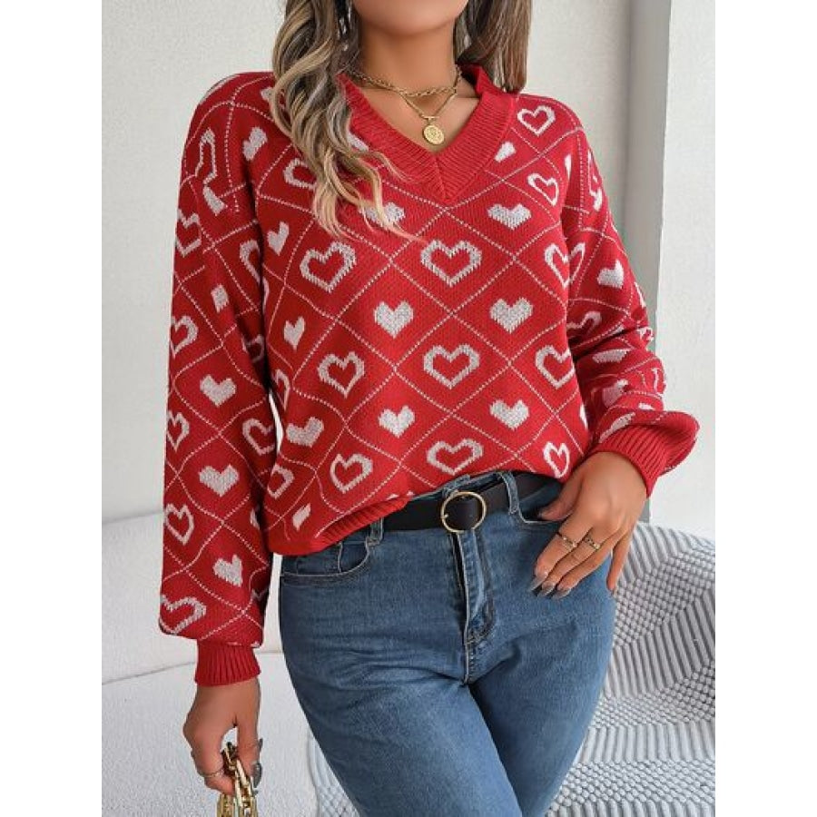 Heart Pattern V-Neck Long Sleeve Sweater Clothing