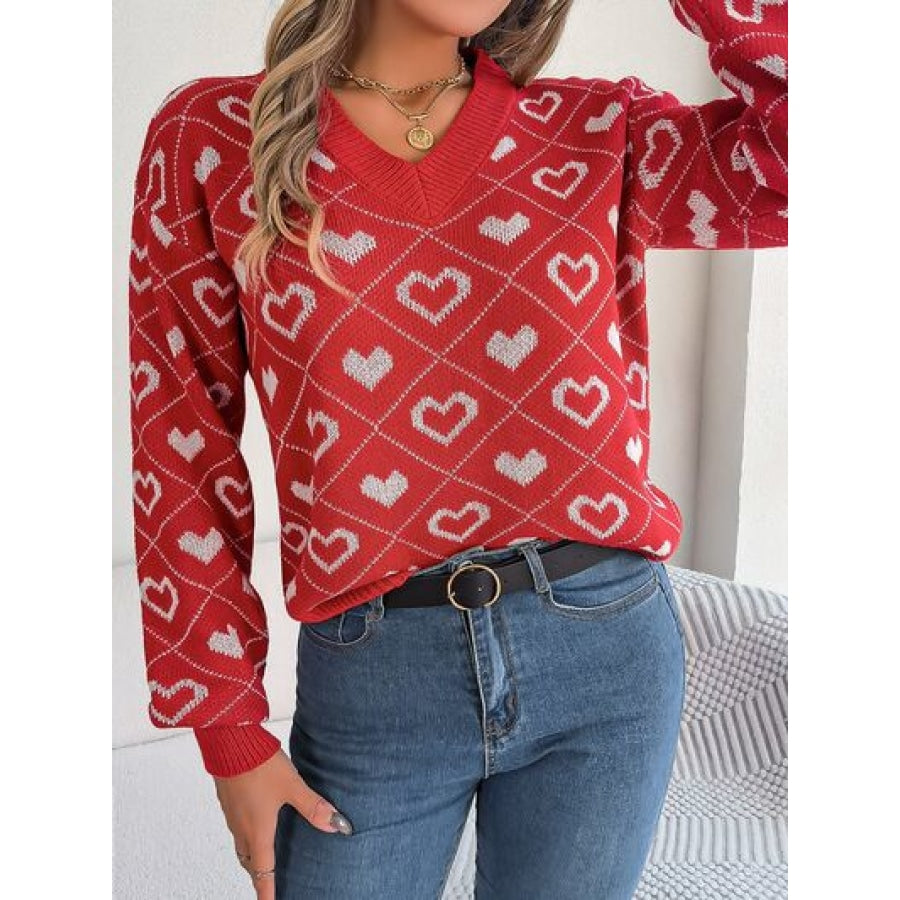 Heart Pattern V-Neck Long Sleeve Sweater Clothing