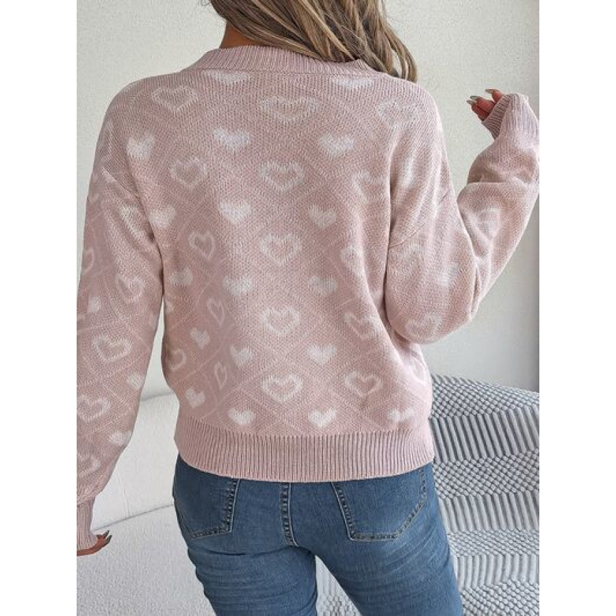 Heart Pattern V-Neck Long Sleeve Sweater Clothing