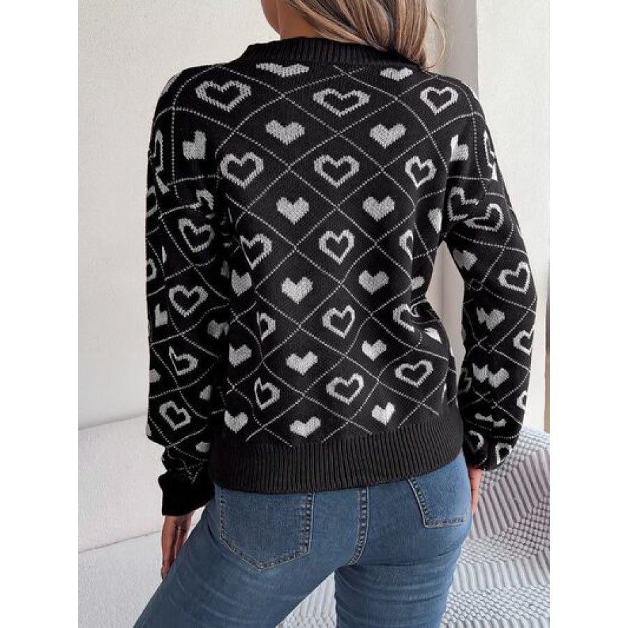 Heart Pattern V-Neck Long Sleeve Sweater Clothing