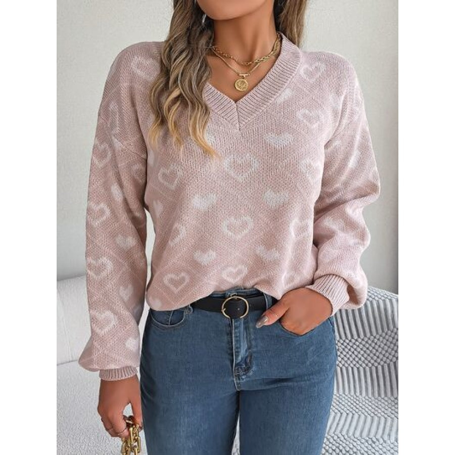 Heart Pattern V-Neck Long Sleeve Sweater Clothing