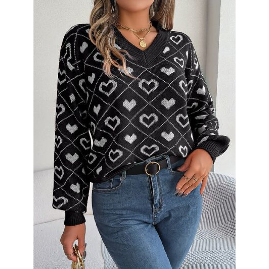 Heart Pattern V-Neck Long Sleeve Sweater Clothing