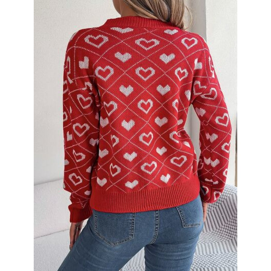 Heart Pattern V-Neck Long Sleeve Sweater Clothing