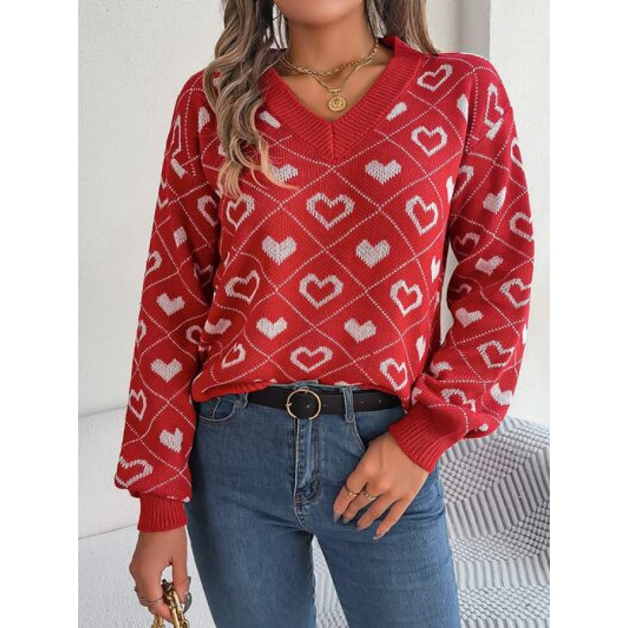 Heart Pattern V-Neck Long Sleeve Sweater Deep Red / S Clothing