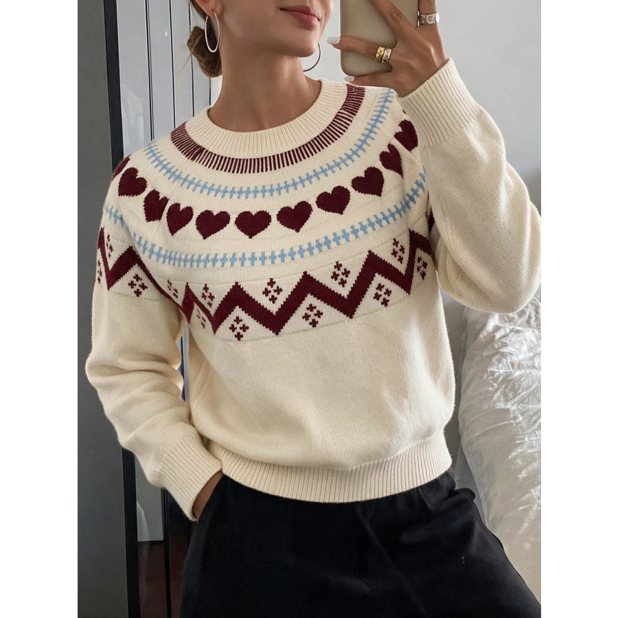 Heart-Patterned Crew Neck Sweater Apparel and Accessories