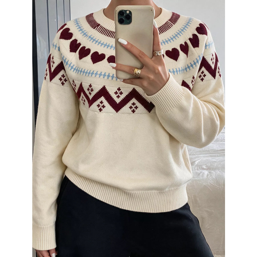 Heart-Patterned Crew Neck Sweater Apparel and Accessories