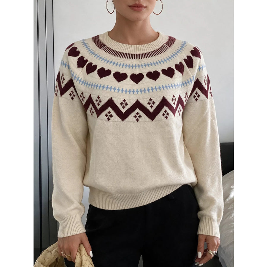 Heart-Patterned Crew Neck Sweater Apricot / S Apparel and Accessories