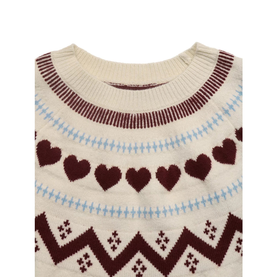 Heart-Patterned Crew Neck Sweater Apparel and Accessories