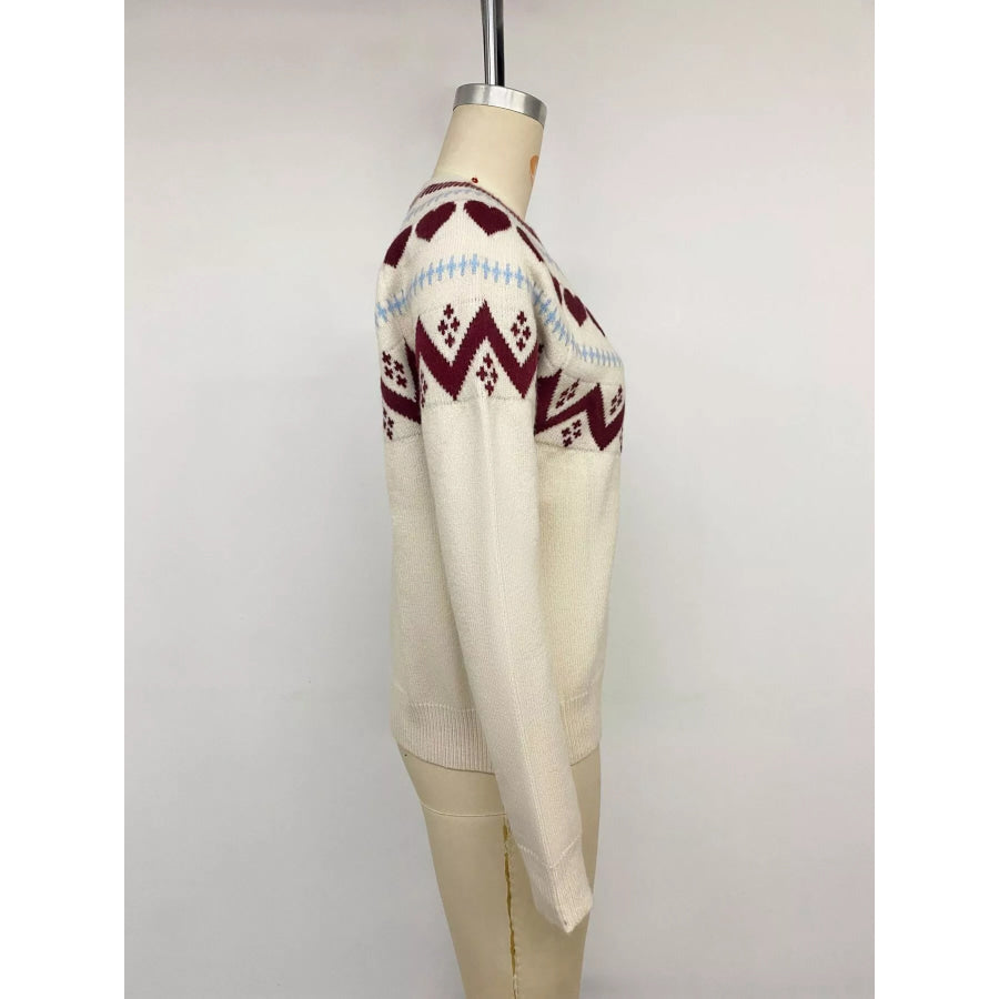 Heart-Patterned Crew Neck Sweater Apparel and Accessories