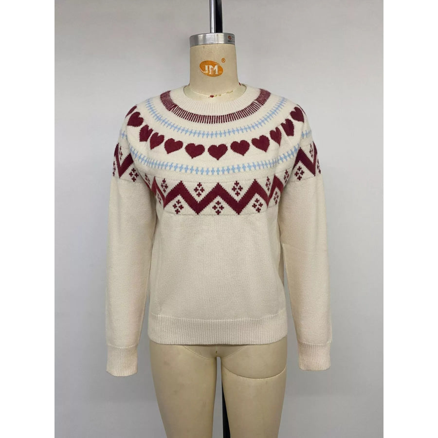 Heart-Patterned Crew Neck Sweater Apparel and Accessories