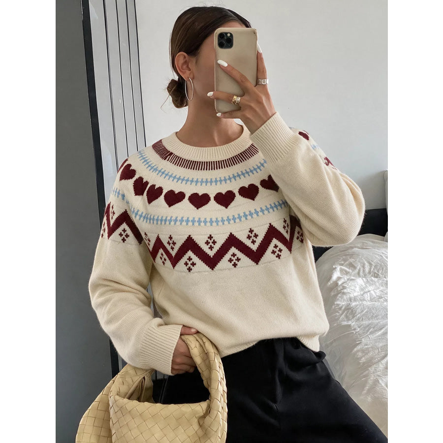 Heart-Patterned Crew Neck Sweater Apparel and Accessories