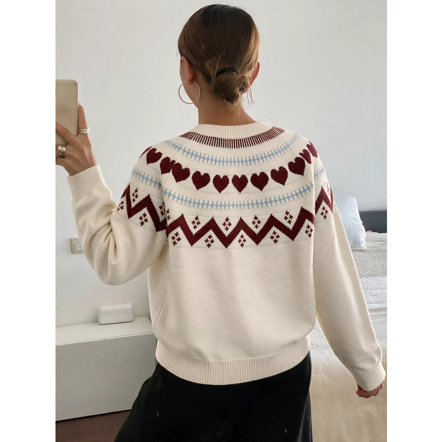 Heart-Patterned Crew Neck Sweater Apparel and Accessories