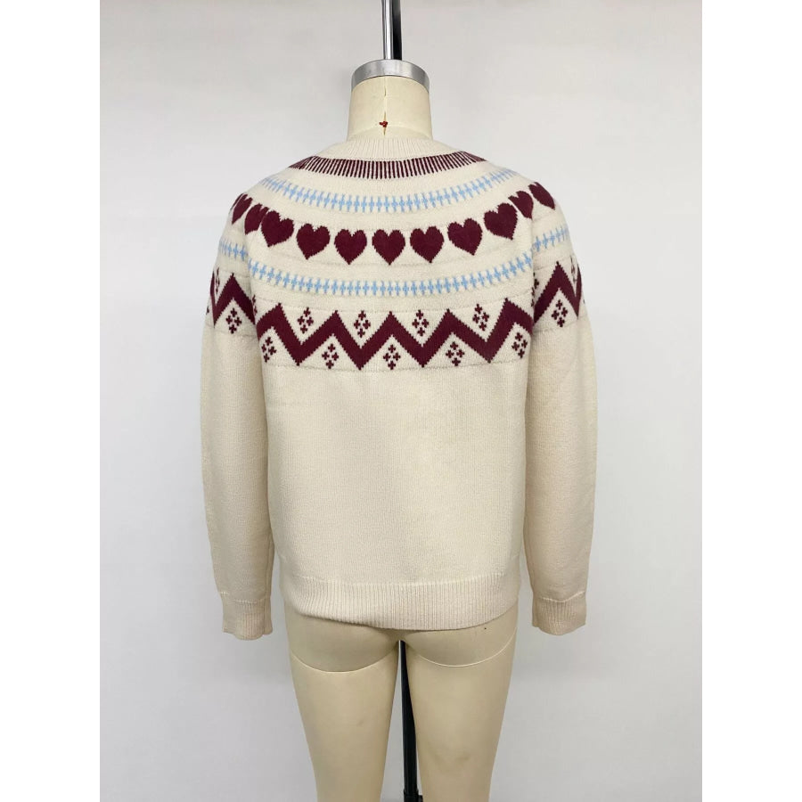 Heart-Patterned Crew Neck Sweater Apparel and Accessories