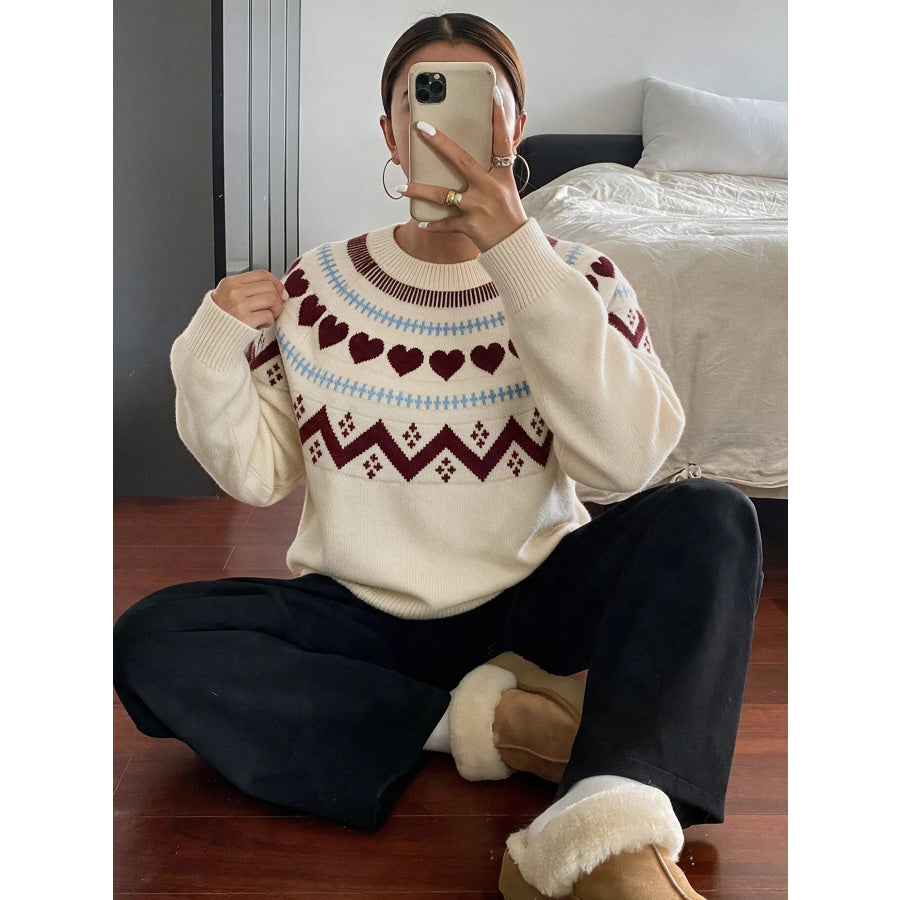 Heart-Patterned Crew Neck Sweater Apparel and Accessories