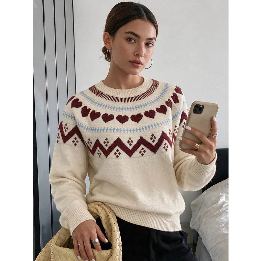 Heart-Patterned Crew Neck Sweater Apricot / S Apparel and Accessories
