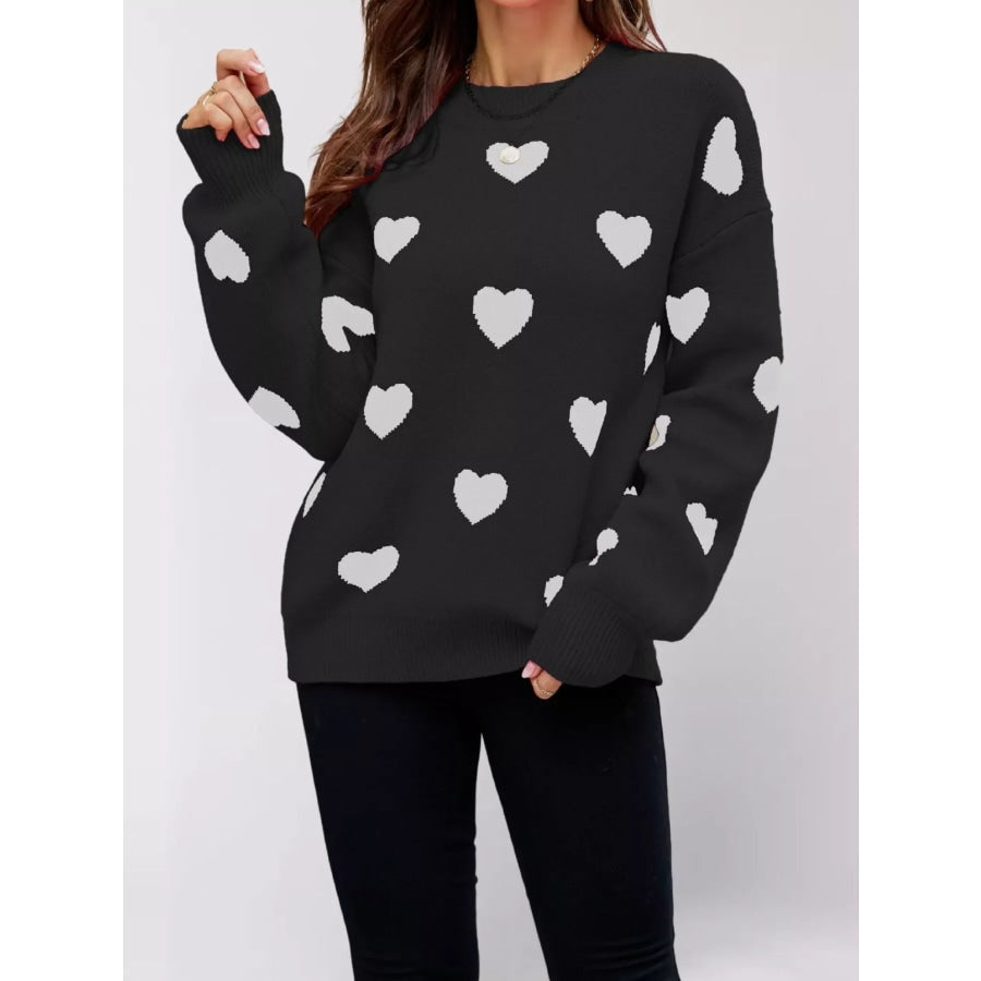 Heart-Patterned Dropped Shoulder Sweater Apparel and Accessories