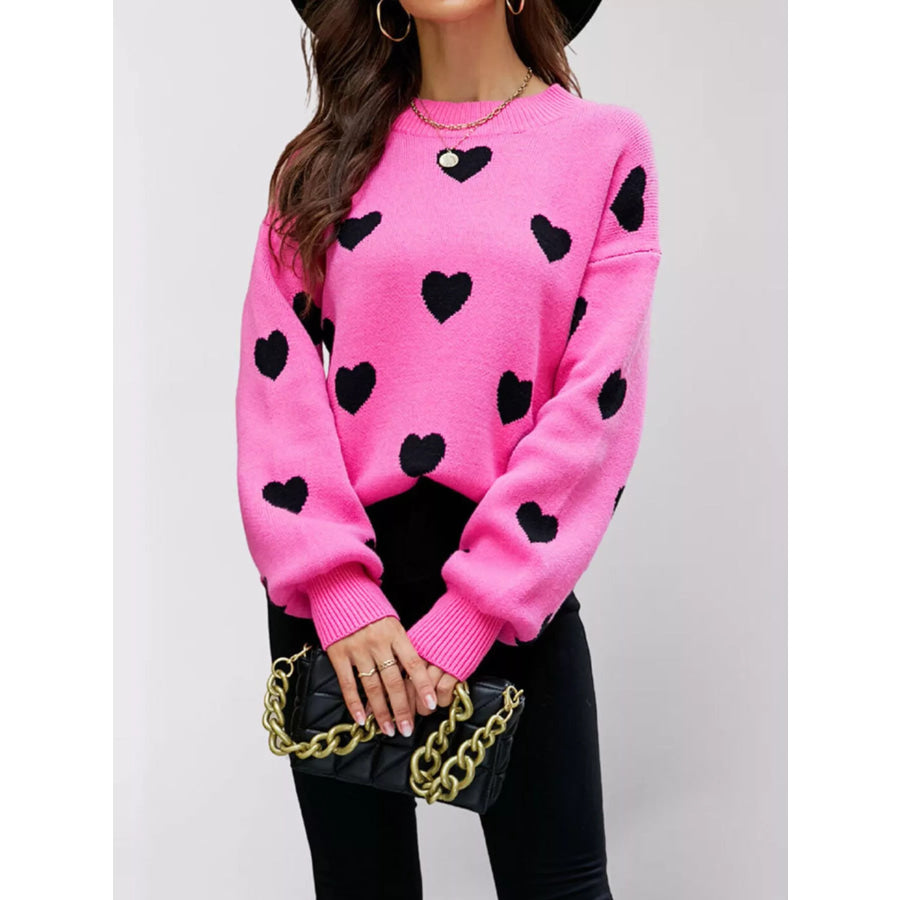 Heart-Patterned Dropped Shoulder Sweater Rose Red / S Apparel and Accessories