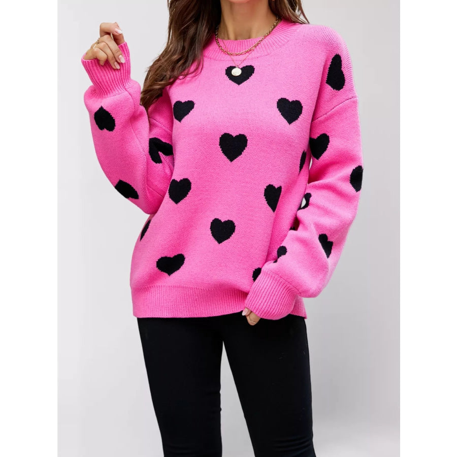 Heart-Patterned Dropped Shoulder Sweater Apparel and Accessories