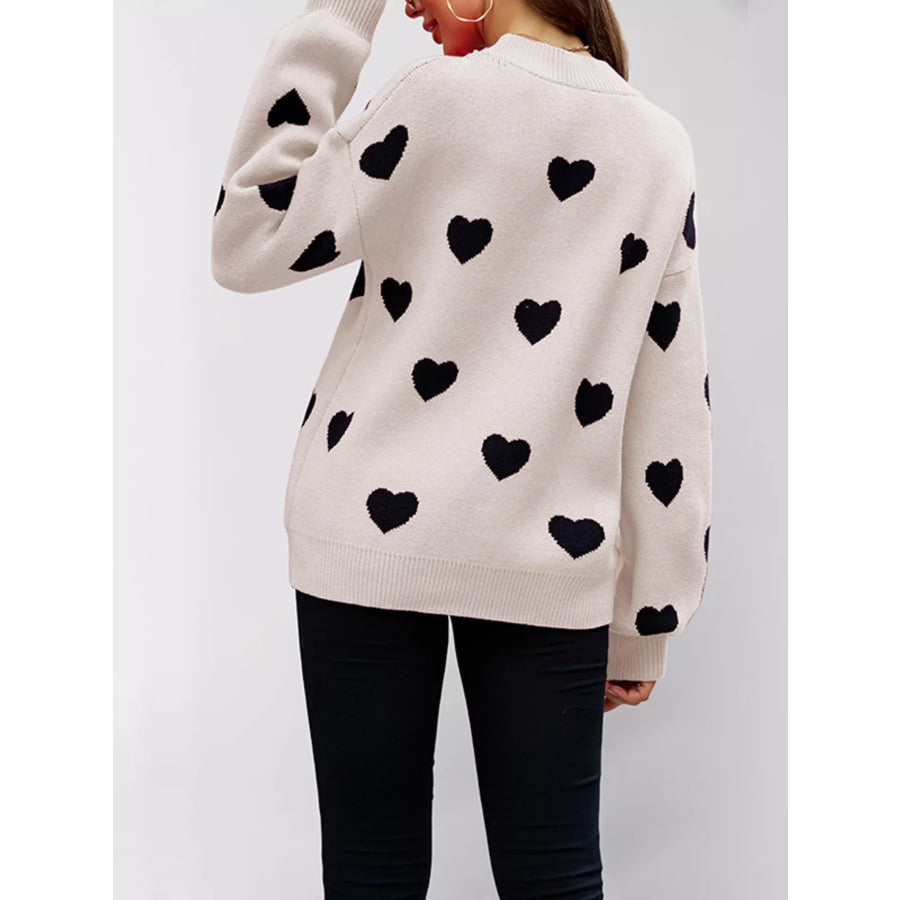 Heart-Patterned Dropped Shoulder Sweater Apparel and Accessories