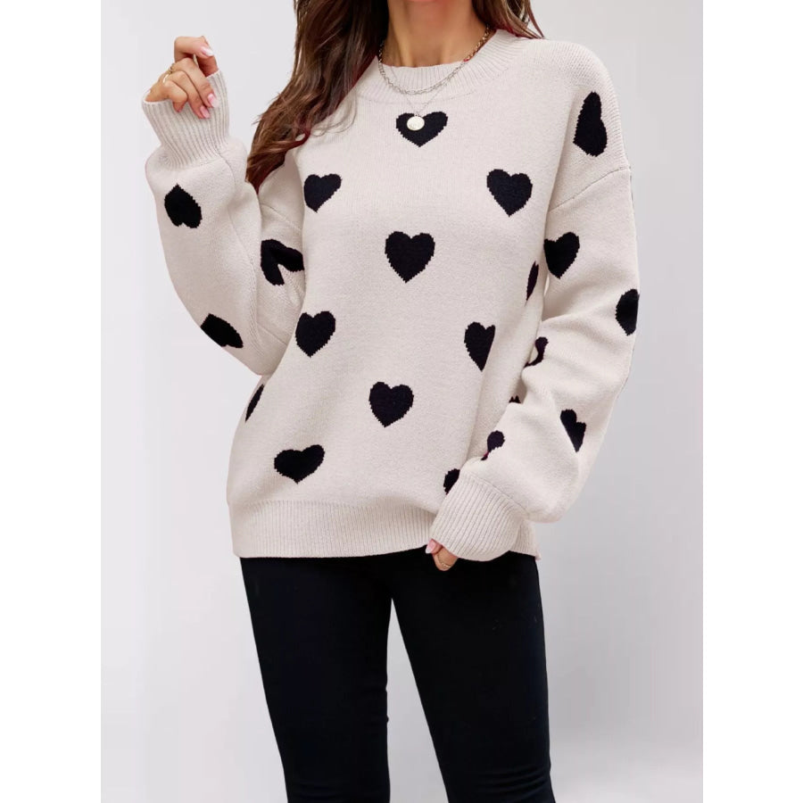 Heart-Patterned Dropped Shoulder Sweater Black Apricot / S Apparel and Accessories