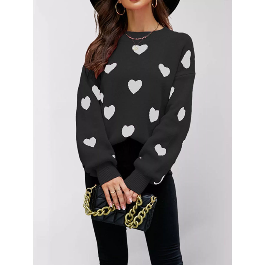 Heart-Patterned Dropped Shoulder Sweater Black / S Apparel and Accessories