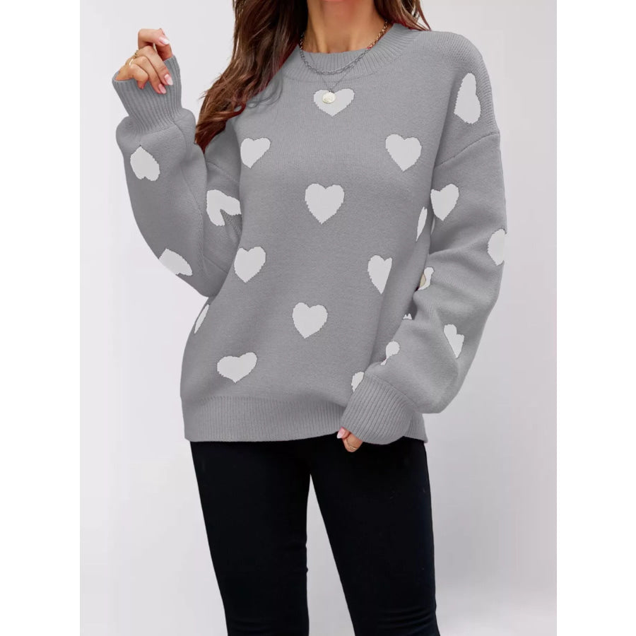 Heart-Patterned Dropped Shoulder Sweater Grey / S Apparel and Accessories