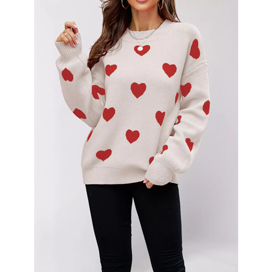 Heart-Patterned Dropped Shoulder Sweater Red Apricot / S Apparel and Accessories