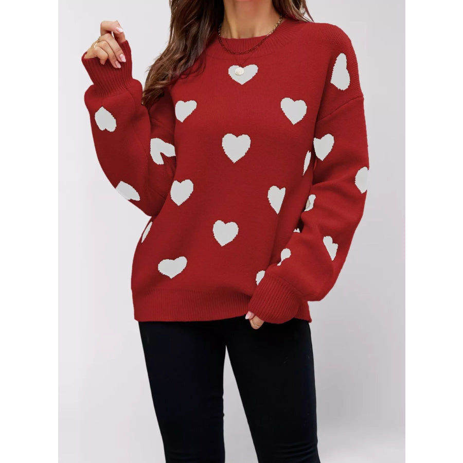 Heart-Patterned Dropped Shoulder Sweater Red / S Apparel and Accessories