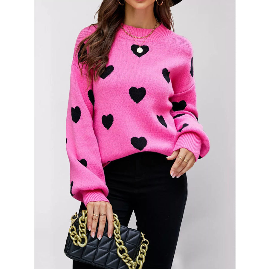 Heart-Patterned Dropped Shoulder Sweater Rose Red / S Apparel and Accessories