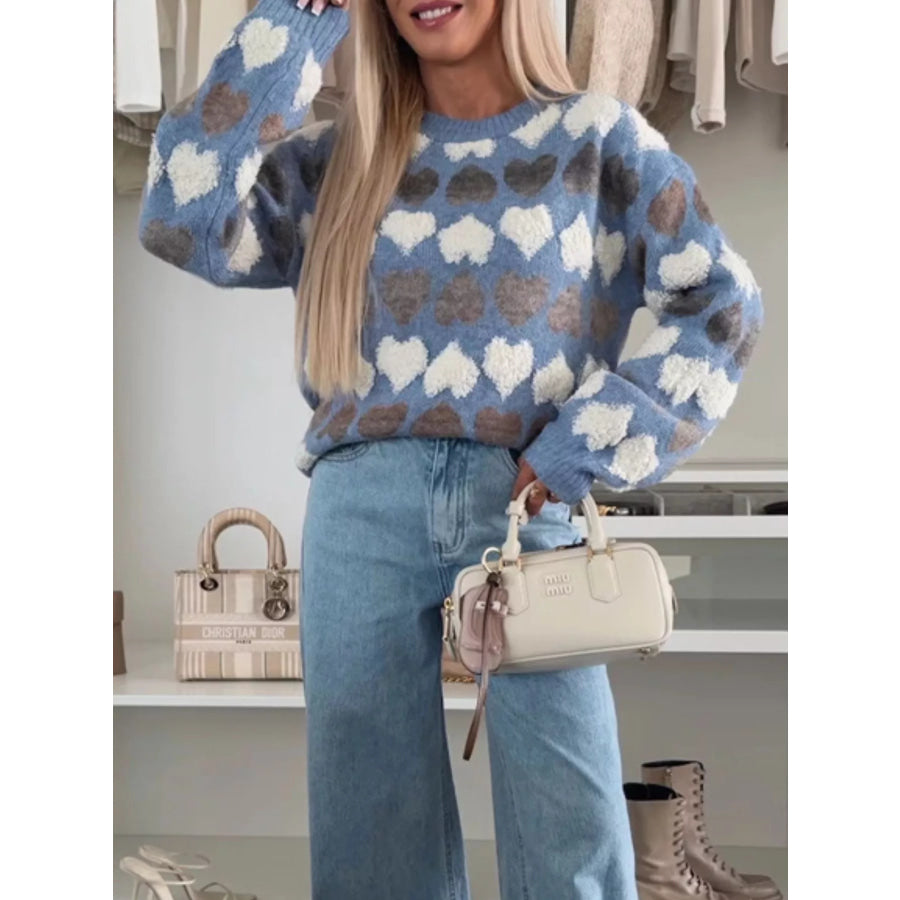 Heart-Patterned Round Neck Sweater Apparel and Accessories