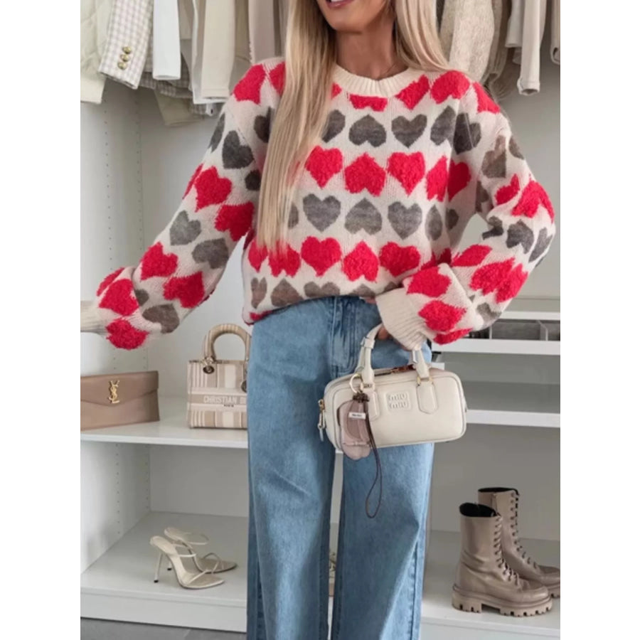 Heart-Patterned Round Neck Sweater Multicolor / S Apparel and Accessories