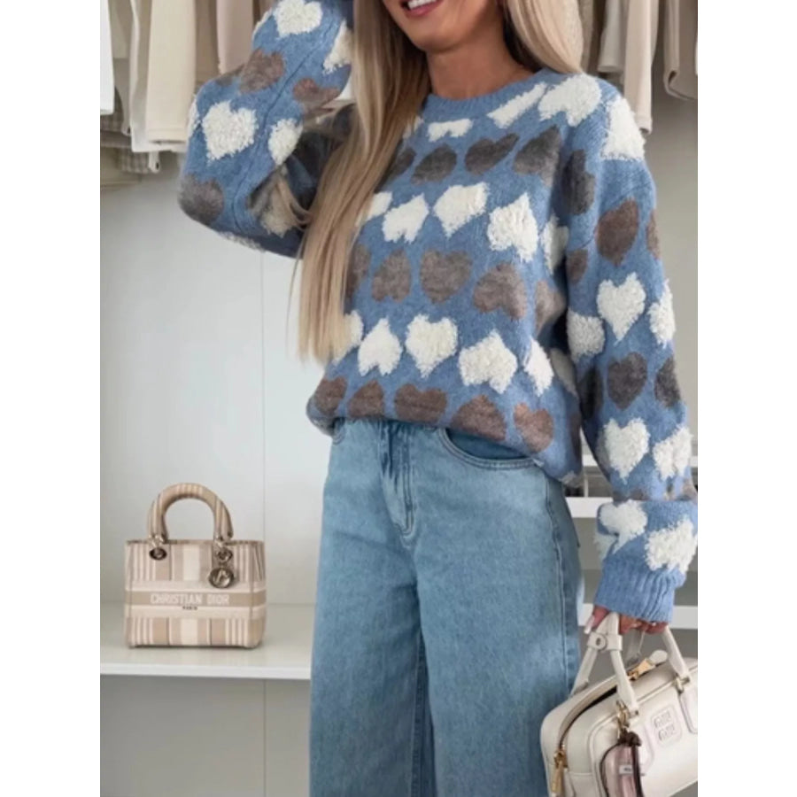 Heart-Patterned Round Neck Sweater Apparel and Accessories