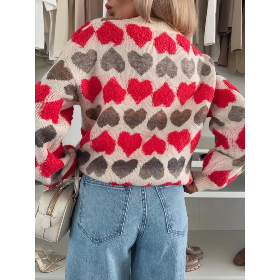 Heart-Patterned Round Neck Sweater Apparel and Accessories