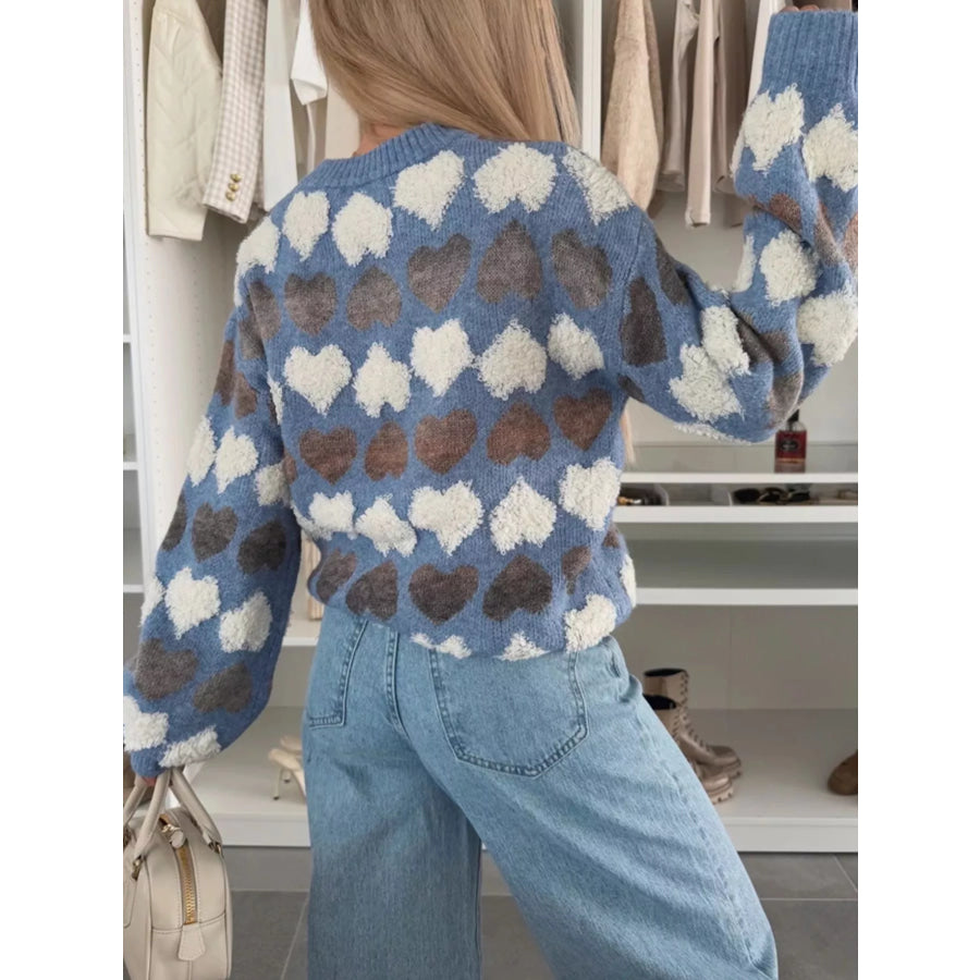 Heart-Patterned Round Neck Sweater Apparel and Accessories