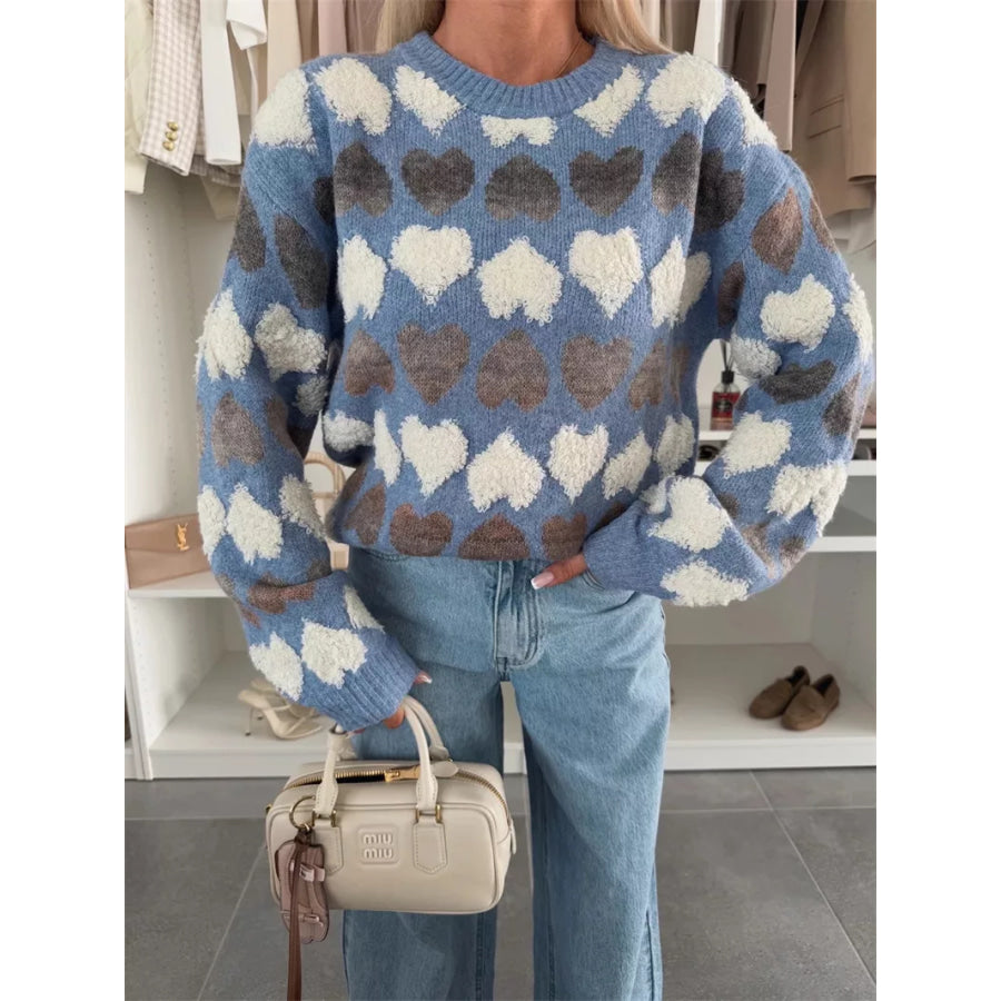 Heart-Patterned Round Neck Sweater Light Blue / S Apparel and Accessories