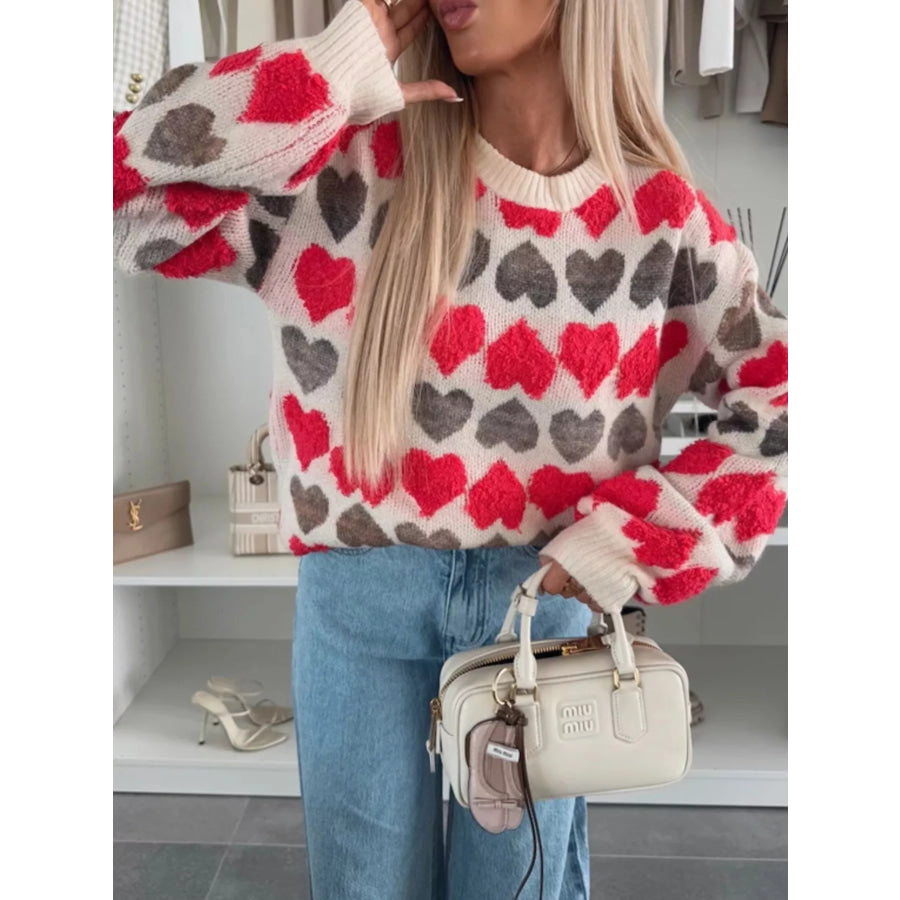 Heart-Patterned Round Neck Sweater Multicolor / S Apparel and Accessories