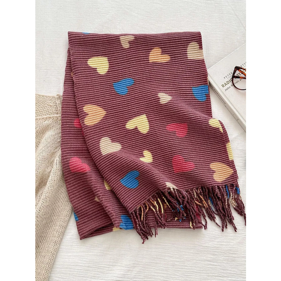 Heart Patterned Tassel Scarf Apparel and Accessories