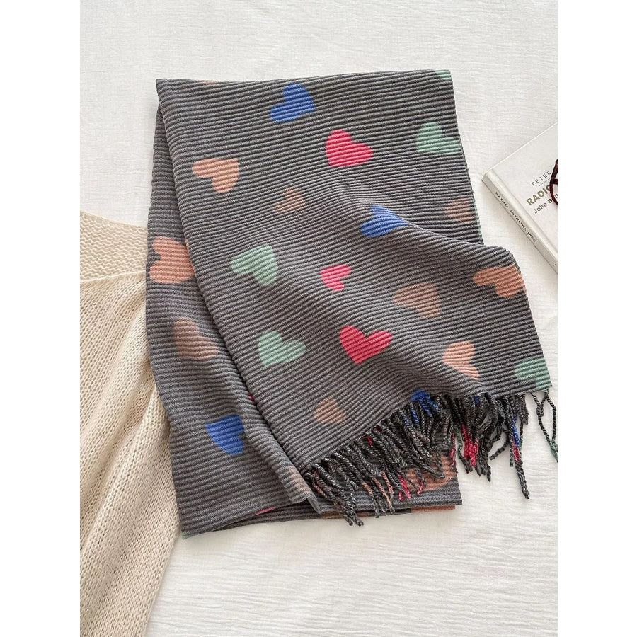 Heart Patterned Tassel Scarf Black / One Size Apparel and Accessories