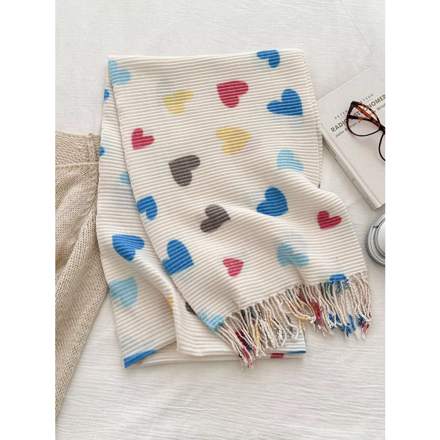 Heart Patterned Tassel Scarf Cream / One Size Apparel and Accessories