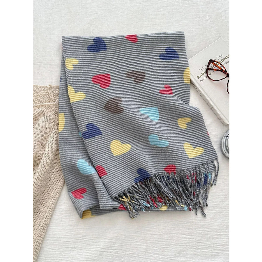 Heart Patterned Tassel Scarf Gray / One Size Apparel and Accessories