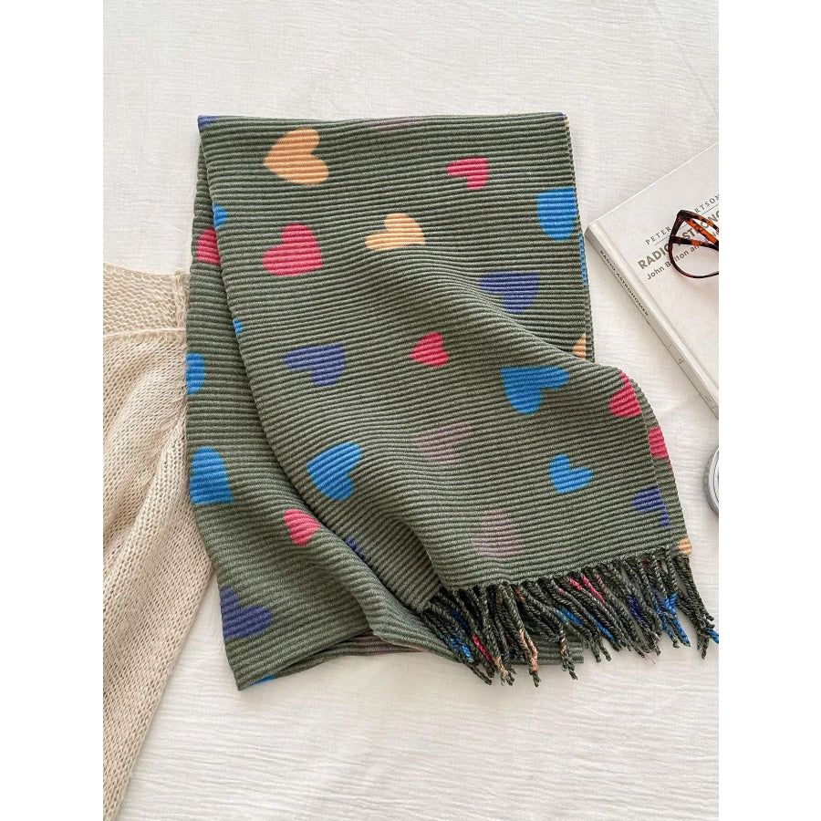 Heart Patterned Tassel Scarf Green / One Size Apparel and Accessories