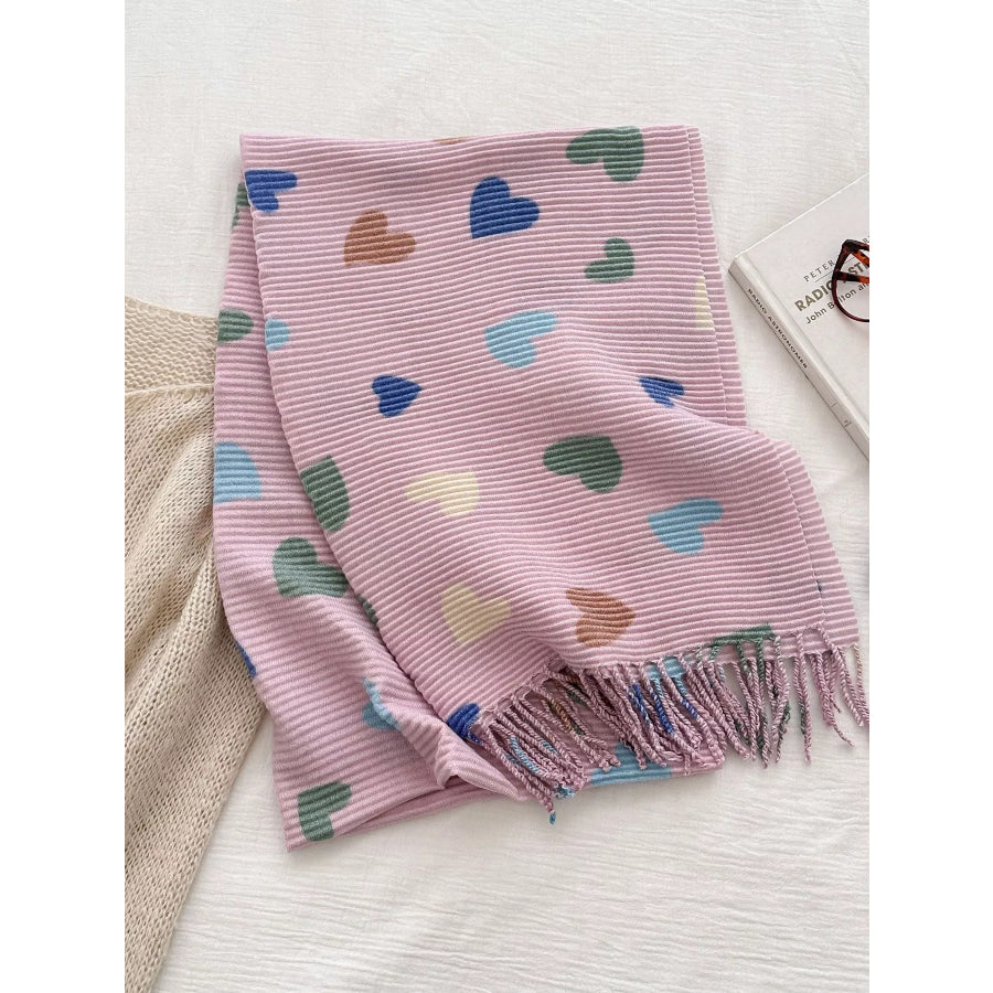 Heart Patterned Tassel Scarf Pink / One Size Apparel and Accessories