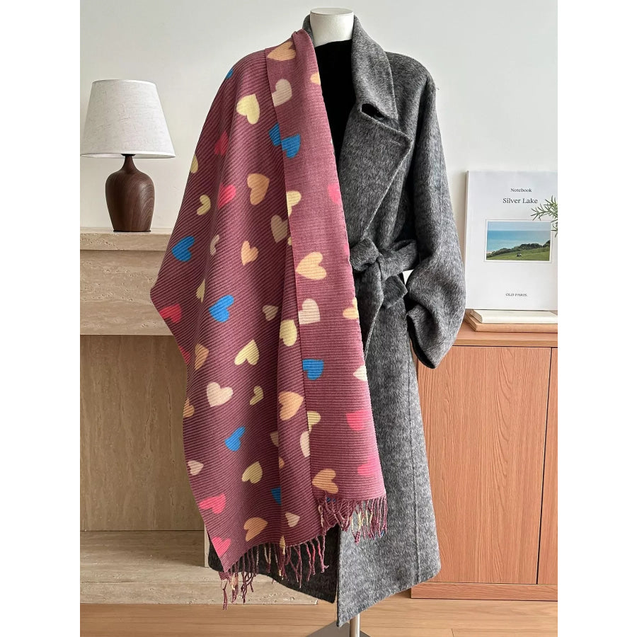 Heart Patterned Tassel Scarf Rust / One Size Apparel and Accessories