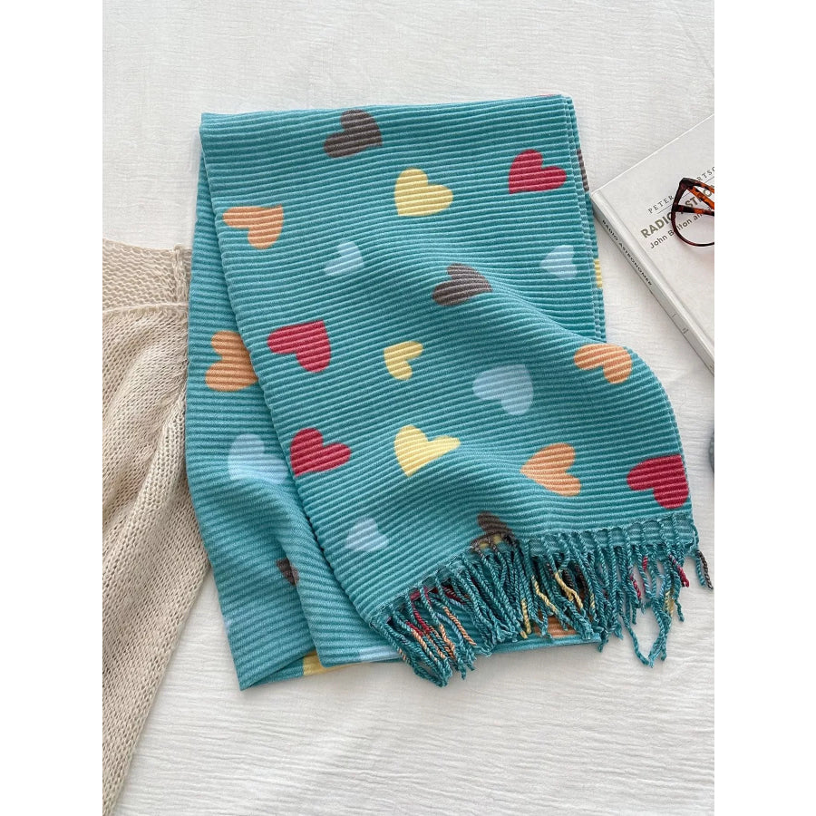 Heart Patterned Tassel Scarf Sage / One Size Apparel and Accessories