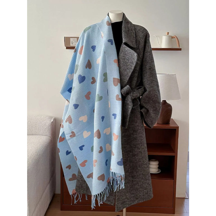Heart Patterned Tassel Scarf Sky Blue / One Size Apparel and Accessories