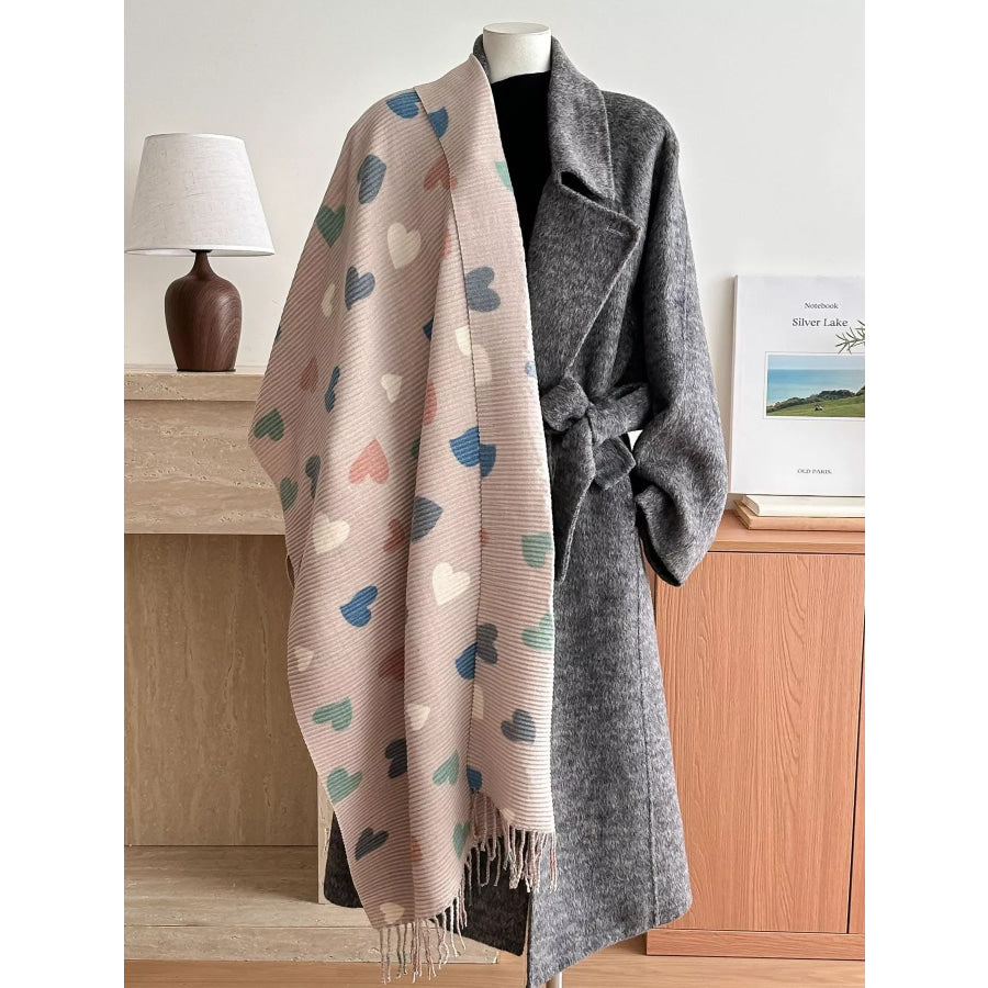 Heart Patterned Tassel Scarf Tan / One Size Apparel and Accessories