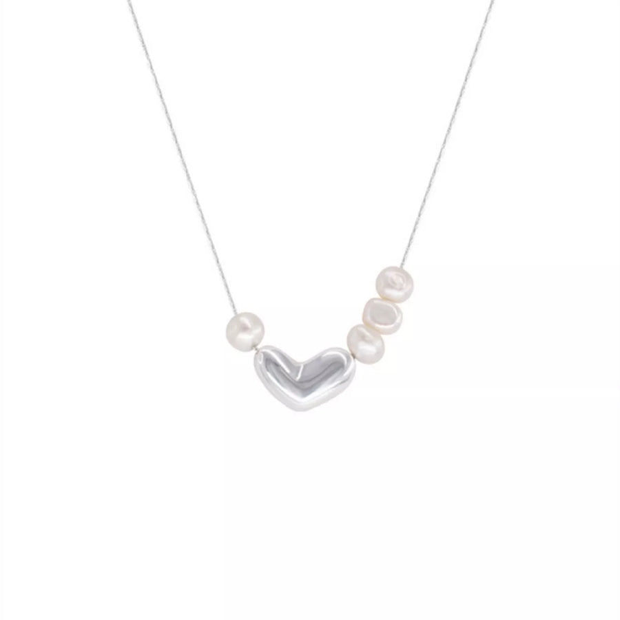 Heart & Pearl Accent Necklace Silver / One Size Apparel and Accessories