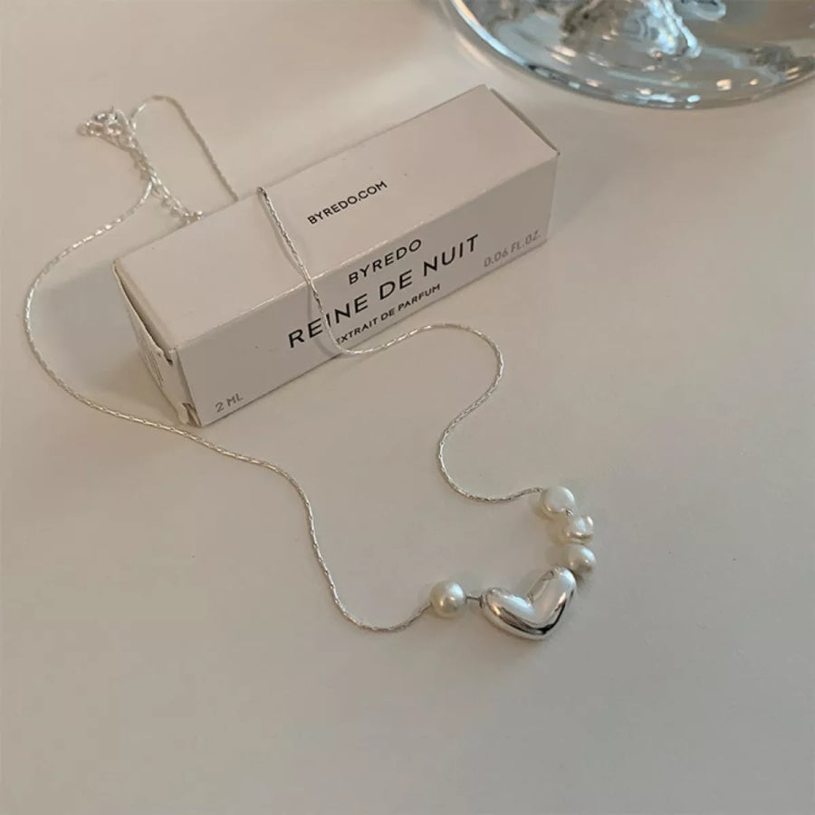 Heart & Pearl Accent Necklace Silver / One Size Apparel and Accessories