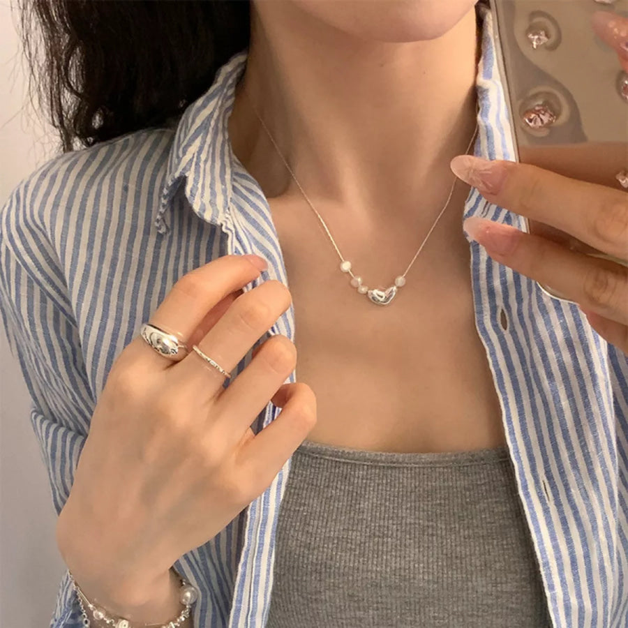 Heart & Pearl Accent Necklace Silver / One Size Apparel and Accessories