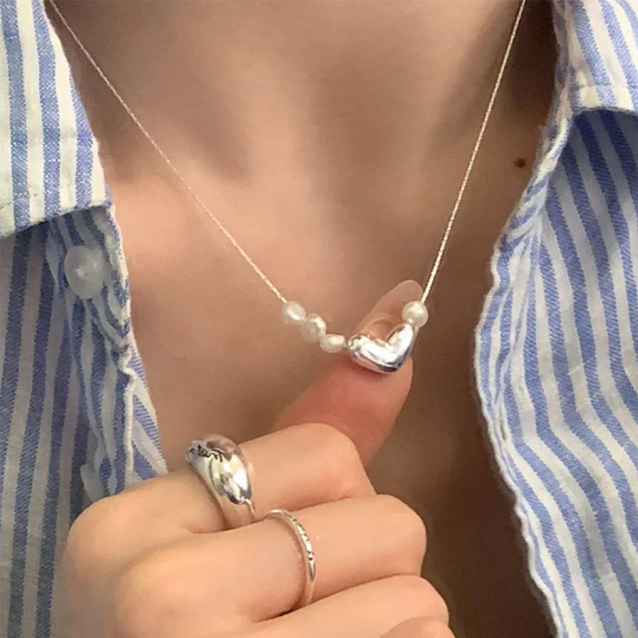 Heart & Pearl Accent Necklace Silver / One Size Apparel and Accessories